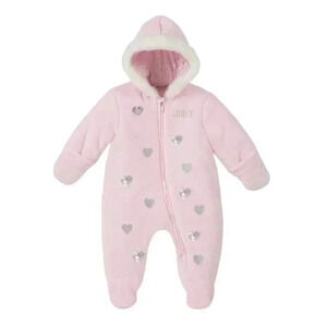 Juicy Couture Bunting Suit Snowsuit Pink Silver Hood Fleece  Hearts Size 6-9M